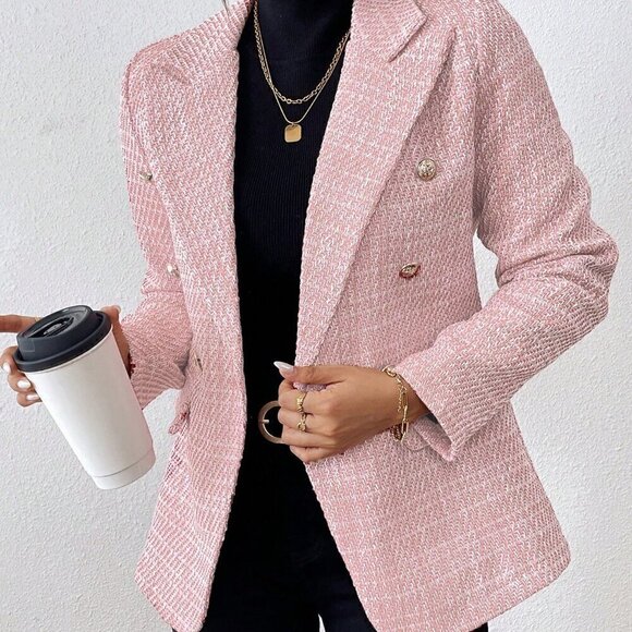 Baby Pink Elegant Women's Plain Color Double Breasted Long Sleeve Suit Jacket - Picture 4 of 6